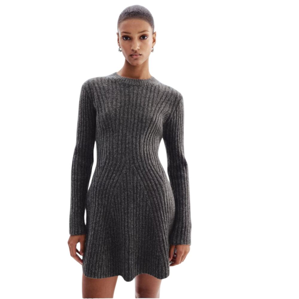H&M Rib Knit Sweater Mini Dress Gray Wool Blend Melange - Size Large - Picture 2 of 8